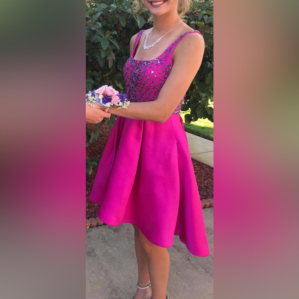 Hot Pink High-Low Beaded Homecoming / Formal Dress - Women’s Size 4